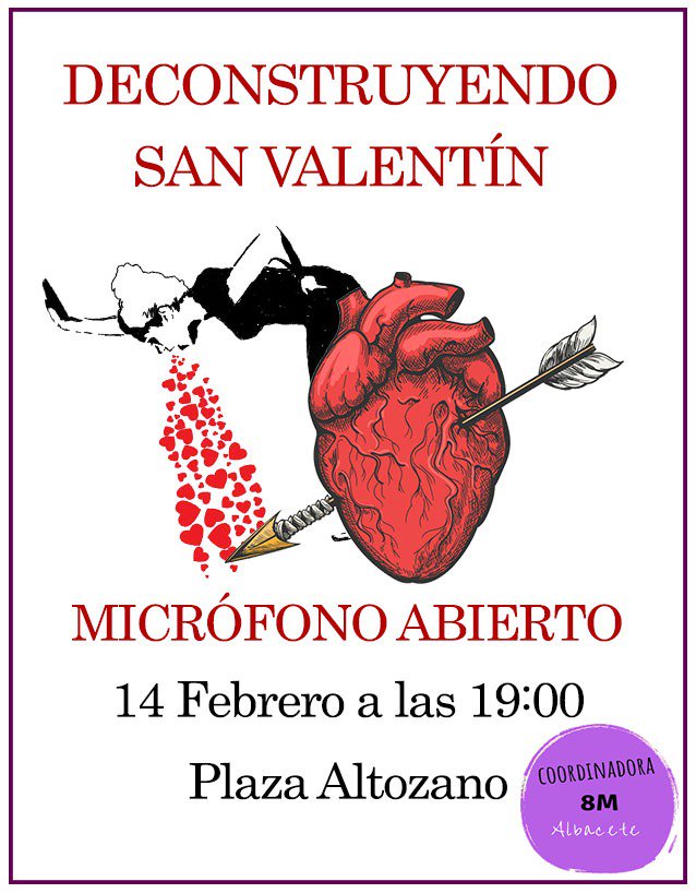TorrePurpura's tweet photo. Empezamos con las actividades pre-8M: este San Valentín vente con la Coordinadora @8mAlbacete a desmontar todo el mito del amor romántico a través de la música, la poesía...el arte en general. ¡Os esperamos! https://t.co/zneBRPowJr