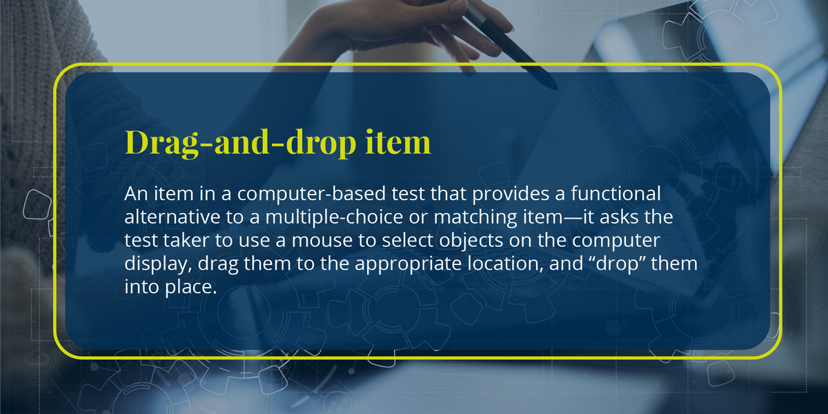 PearsonVUE's tweet image. The beauty of drag and drop questions are their simplicity. But if you want to know the technical definition...

#VUEdictionary #draganddrop #questions #multiplechoice #computerbasedtests #testing #assessment #matchingitems