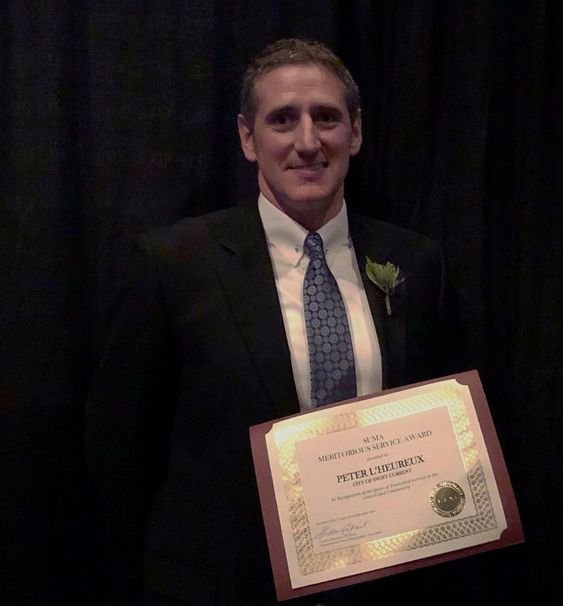CitySCFire's tweet photo. #swiftcurrentfire Congratulations to Deputy Chief Pete L'Heureux on receiving the Meritorious Service Award for 20 years service in Sask. municipalities. Presentation ceremony was held in Saskatoon at SUMA Feb 5/19. #CitySC https://t.co/Akl6BTsYFI