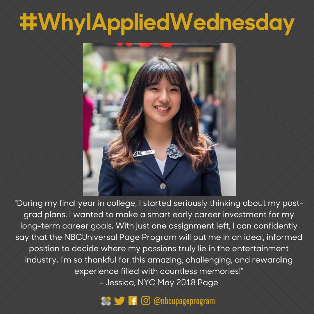nbcuPageProgram's tweet photo. Jessica, one of our East Coast Pages, reflects on her whole experience as she heads into her last assignment cycle for this week's #WhyIAppliedWednesday https://t.co/U5g3ox3NB4