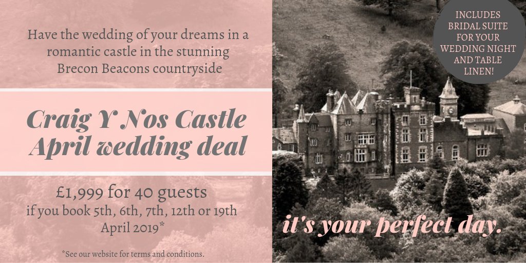 Our Spring #Wedding offer also includes: 2-course wedding breakfast, a Grade 1 Listed opera house for your ceremony and more. Find out more here: craigynoscastle.com/weddingdeals.h…
