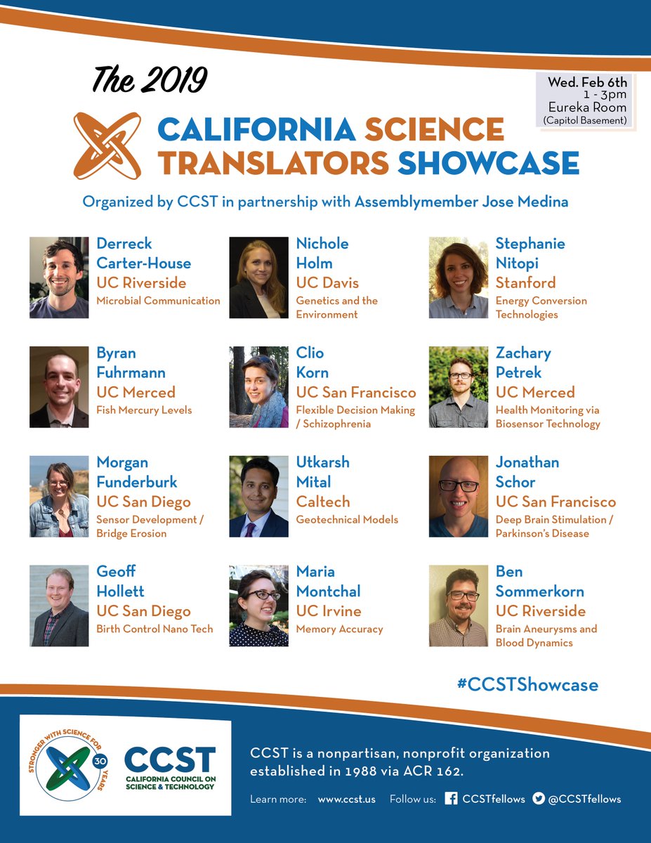 Today: Join us for CCST's Science Translators Showcase, featuring graduate students and postdocs from <a href="/UofCalifornia/">University of California</a>, <a href="/Stanford/">Stanford University</a>, and <a href="/Caltech/">Caltech</a> discussing their research at the Capitol: ccst.us/ccsts-science-… #CCSTweek #CCSTshowcase