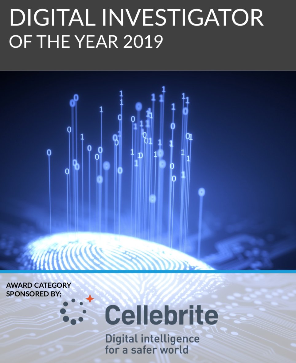 Penultimate Award: Digital Investigator of the Year 2019. 2 previous winners on the panel from <a href="/CityPolice/">City of London Police</a> &amp; <a href="/HantsPolice/">Hampshire Police</a>.

Leading nominations this year from <a href="/WMPolice/">West Midlands Police</a> <a href="/HantsPolice/">Hampshire Police</a> <a href="/dorsetpolice/">Dorset Police</a> <a href="/DP_CyberCrime/">Dorset Police Cyber Protect</a> <a href="/WestYorksPolice/">West Yorkshire Police</a> and <a href="/HMRCgovuk/">HM Revenue & Customs</a>.

Welcome back to Sponsor <a href="/Cellebrite/">Cellebrite</a>