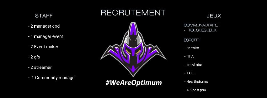 OptimumGaming3's tweet photo. × RECRUTEMENT × 

Bonsoir à tous la Optimum recherches du staff et des joueur afin de compléter nos rang dans la structure !! 

Pour tous contact de recrutement  tout ceci ace fera pas dm pu par mail   : 

@Neaskii 

Mail : Optimumesport123@gmail.com

Nous recherchons : https://t.co/QS2fxJL6g6