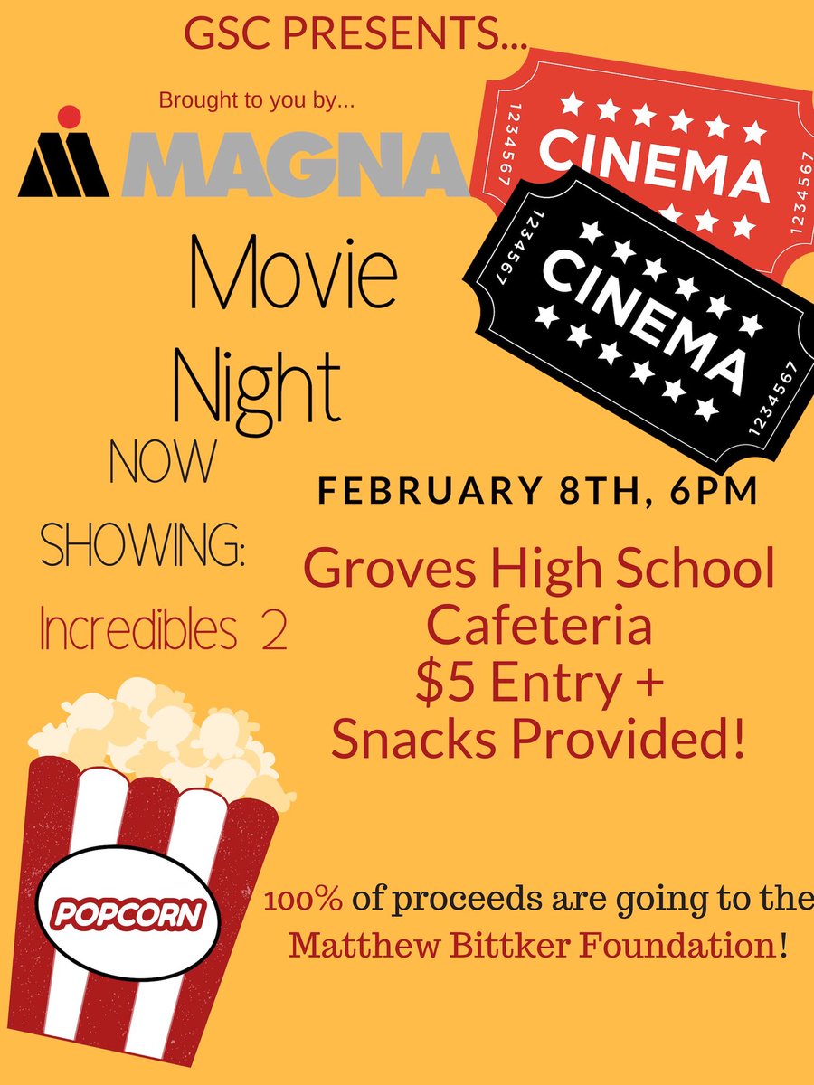 Charity Week at Groves has rescheduled their movie night until Friday, Feb. 8th at 6 pm. <a href="/WEGroves/">W. E. Groves HS</a>