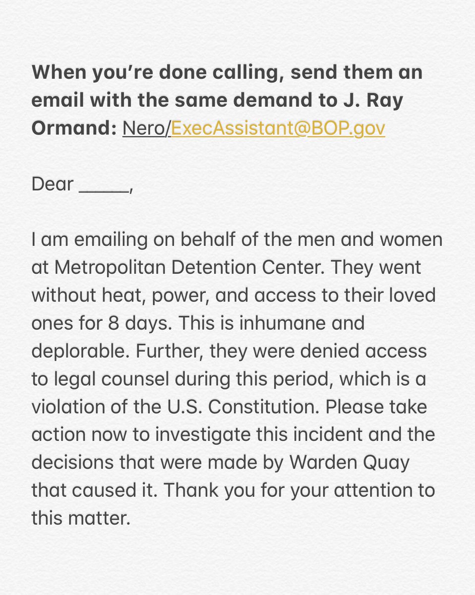 NYjusticeleague's tweet photo. The people inside of #MDCBrooklyn need you to keep calling. Let the Bureau of Prisons know there needs to be an investigation into Warden Quay’s actions. 215-521-7301 #UntilThereIsHeat https://t.co/YHj3adgEib