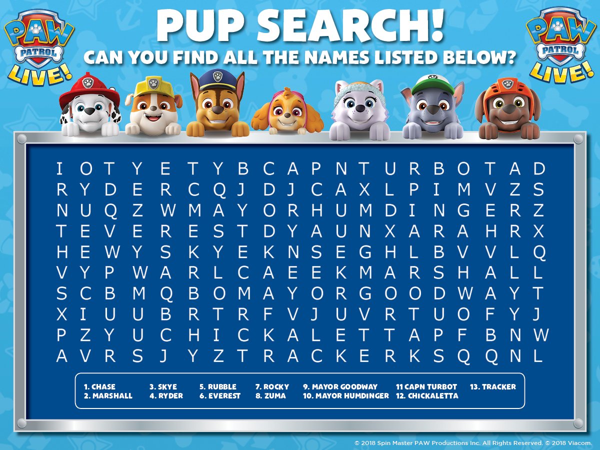 Paw Patrol Live on Twitter: "Word find Wednesday! 🔍 How quickly can you find the 13 PAW Patrol characters? Our time: them live! https://t.co/l5Oe1pxq9q #PAWPatrol #PAWPatrolLive #Wordfind https://t.co/FHtUg1AxWy" /