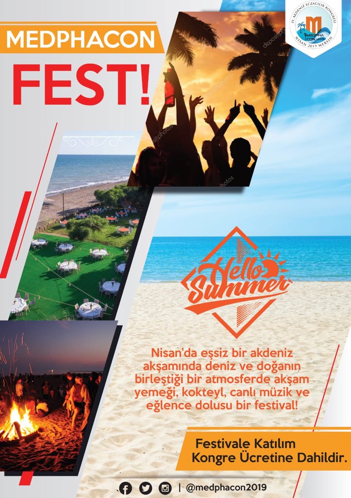 Kongremizin ilk günü 26 Nisan Cuma akşamı Akdeniz’de olduğunuzu sizlere hissettirecek bir sahilde hem akşam yemeğini yiyeceğiniz hem de sonrasında eğlenceye, canlı müziğe doyacağınız sıcacık bir atmosferde sizler için bir festival hazırladık 🕺🏻💃🏼☀️🌴🎸 #medphaconfest #medphacon