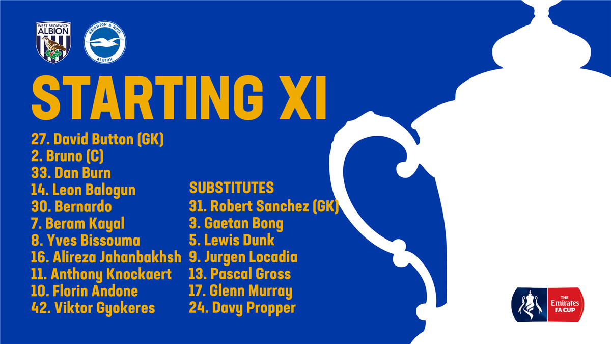 OfficialBHAFC's tweet photo. 👊 Up for the cup!

🔢 Here's how Albion line up against @WBA tonight in the @EmiratesFACup!

📲 Matchday Live is presented by @SnickersUKcom.

#BHAFC 💛 https://t.co/NklT89uwEJ