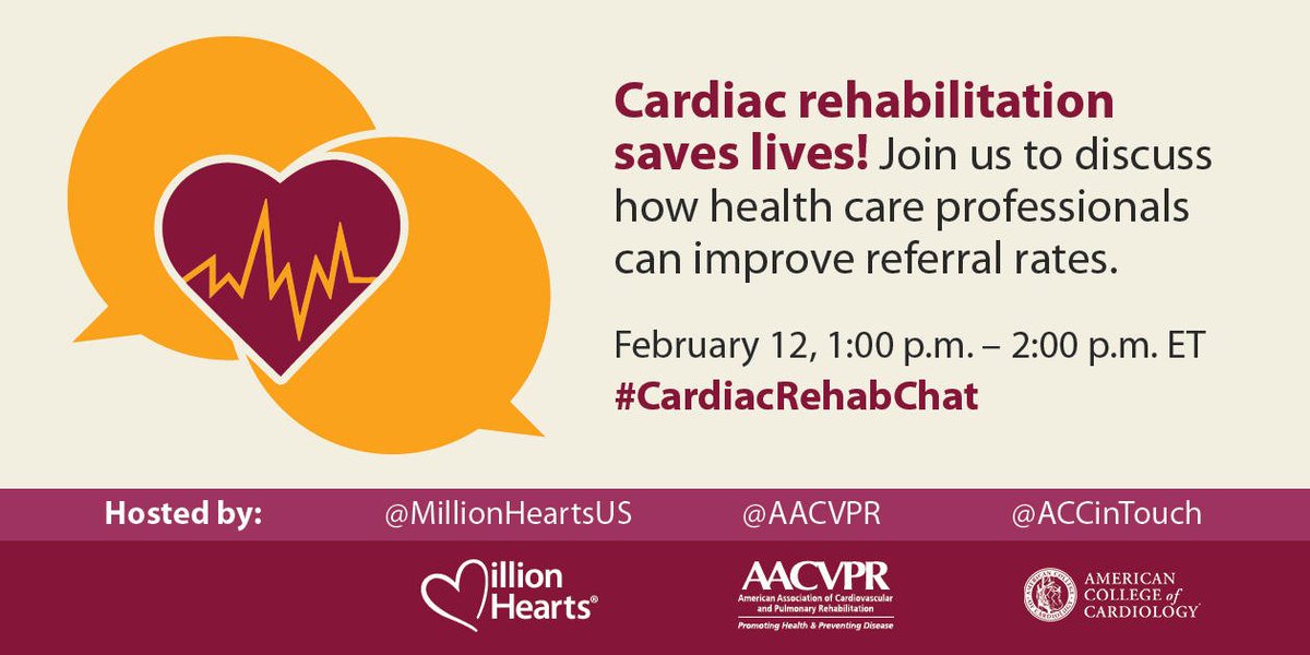 Cardiac rehabilitation saves lives. Learn how you can improve referral rates during our #CardiacRehabChat, hosted with <a href="/MillionHeartsUS/">Million Hearts®</a> and <a href="/AACVPR/">AACVPR</a>!