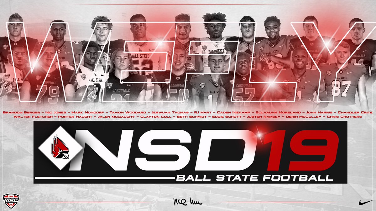 BallStateFB's tweet photo. The complete class! 🔛🔝🔜

We will see you tonight at 5:00pm to officially welcome them to Ball State!

#NSD19 #WeFly19 🔴⚫️ https://t.co/HsIPXhbJrd