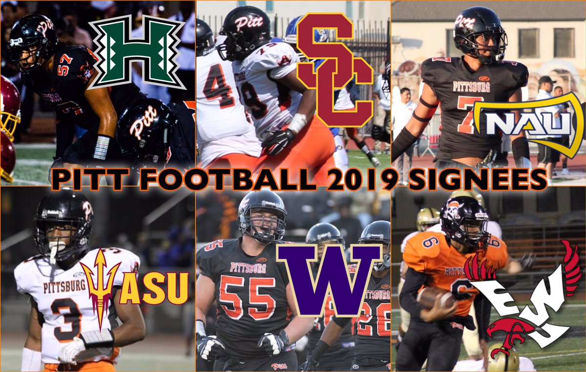 PittHSFootball's tweet photo. Happy National Signing Day! Congrats Gabe, De’Jon, Jaden, Willie, Jacob, and Trey! School record 6 D1 signees in one year. Work still to be done for the c/o 2019 with irons still in the fire. Cannons are loaded &amp; ready to fire! #95yearsofwinning #hoistthecolors🏴‍☠️ #WhosNext #PITT https://t.co/3e62kjYZv4