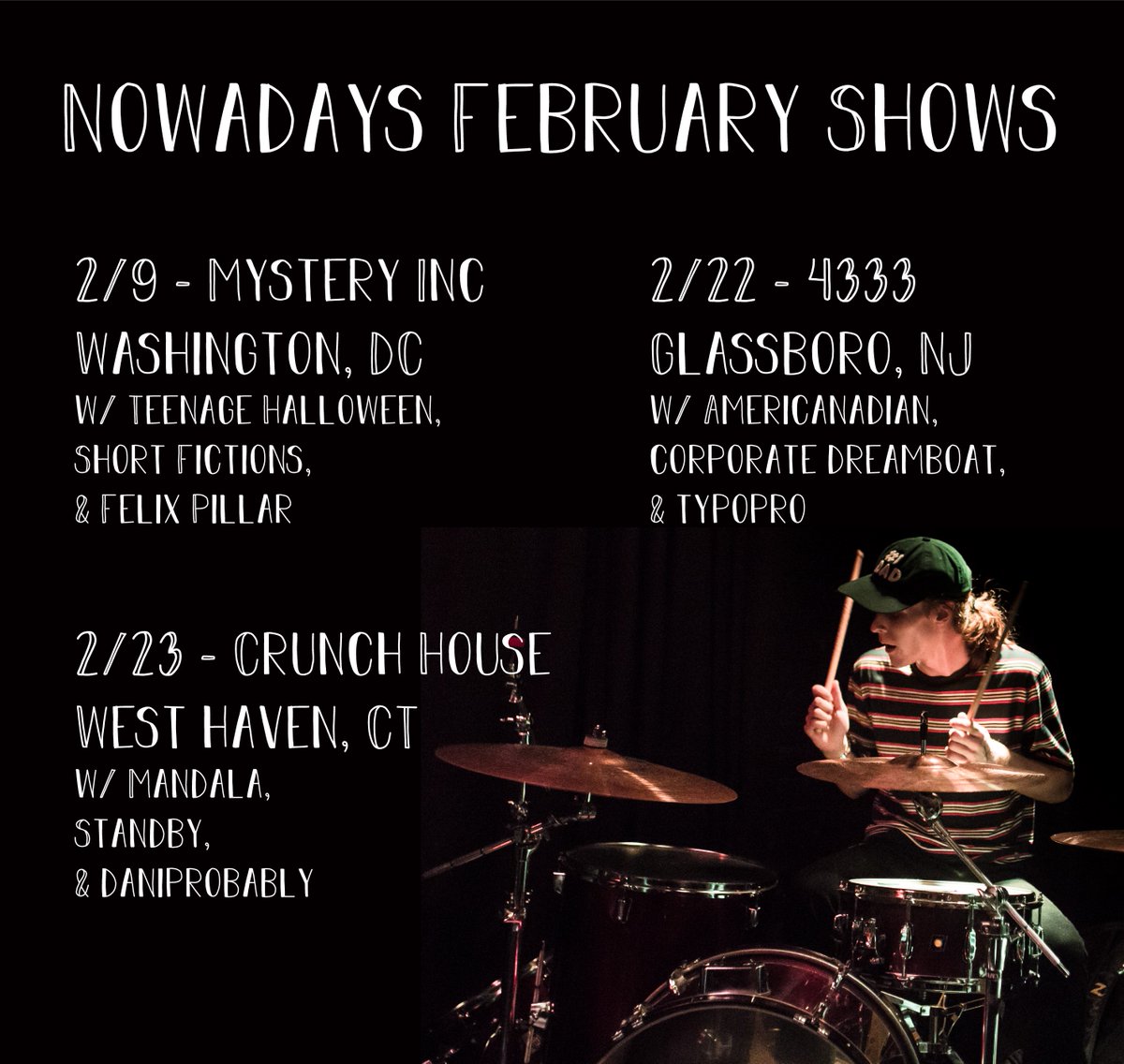 nowadaysnj's tweet photo. It's February! We're playing shows some very ~sick~ shows with some of our favorite bands. Message us for any details or addresses. Photo by Tori Swiacki https://t.co/kFcJeIpvLI