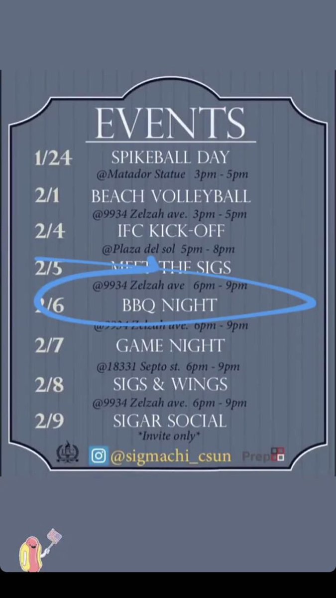 SigmaChi_CSUN's tweet photo. BBQ Night tonight at the Sig House 🔥🔥

9934 Zelzah Ave. https://t.co/SQ8N4enk6T
