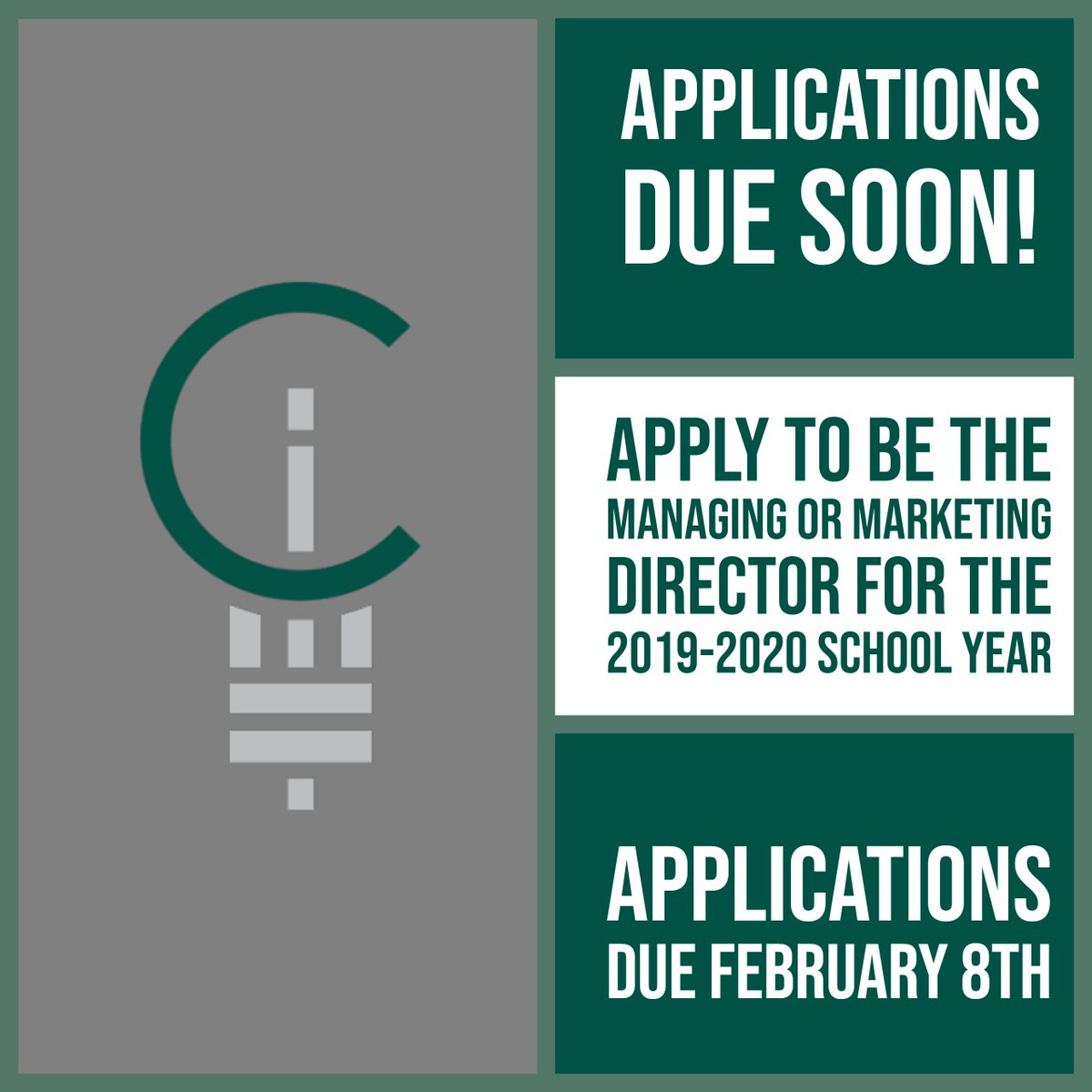 ClearInsightsHU's tweet photo. TIME IS RUNNING OUT!!! Applications to be the next Managing or Marketing Director are due February 8th (THIS FRIDAY)! Don't miss the opportunity to be a part of this unique and rewarding experience! Apply on our website at https://t.co/MlwemsddYH https://t.co/KTe4Tkhwzx