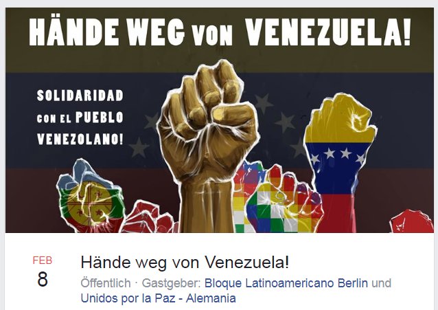 Hände weg von #Venezuela!  8. Februar 2019, 16:00 Uhr,  Pariser Platz #Berlin Wir fordern den sofortigen Stopp der Intervention der #USA und der #EuropäischenUnion : amerika21.de/termin/2019/02…