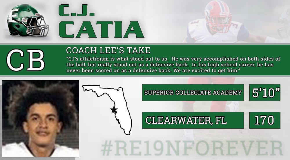 ENMUAthletics's tweet photo. FB | @ENMUFootball lands another stellar athlete in the 2019 signing class in C.J. Catia! A defensive back from Clearwater, Florida, Catia will add an extra level of athleticism to an already skilled defensive backfield. Welcome to the Greyhound family, C.J.!

#ENMU
#REIGNFOREVER https://t.co/8XcmX9TNx9