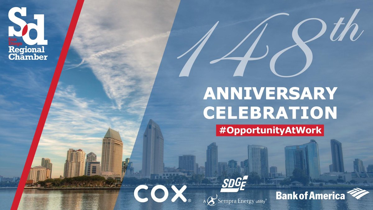 SDChamber's tweet photo. Thank you to this evening's title sponsors @CoxComm, @SDGE, and @BankofAmerica. Thank you for your commitment to the Chamber and the opportunity you are helping us create within the business community. #OpportunityatWork #Chamber148 https://t.co/8eemHNButC