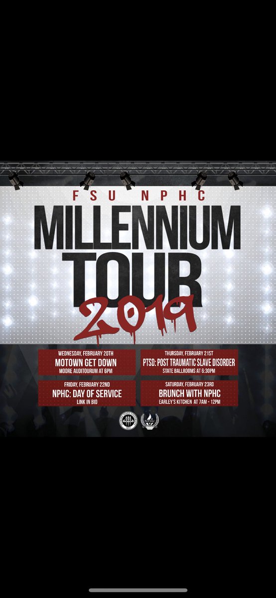 FSUSigmas's tweet image. Get ready for journey through time ⏱and rhyme🎤 at the NPHC Millennium Tour Mini week! We’ll Get Down 🕺🏽💃🏾at Motown with BSU, Talk about P.T.S.D.🤕😣, do community service 👷🏿‍♂️👷🏽‍♀️, and fellowship at brunch 🥞. You don’t want to miss these events— We hope to see you there!

#FSUNPHC