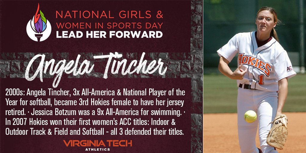 hokiesports's tweet image. 2000s: @HokiesSoftball's Angela Tincher was a 3x All-America &amp;amp; National Player of the Year. 🥎 Jessica Botzum was a 9x All-America for @HokiesSwimDive 🏊‍♀️ Queen Harrison, Ieve Kublina and Nare Diaware became #Hokies first female Olympians. 🏃‍♀️🏀

#NGWSD #LeadHerForward