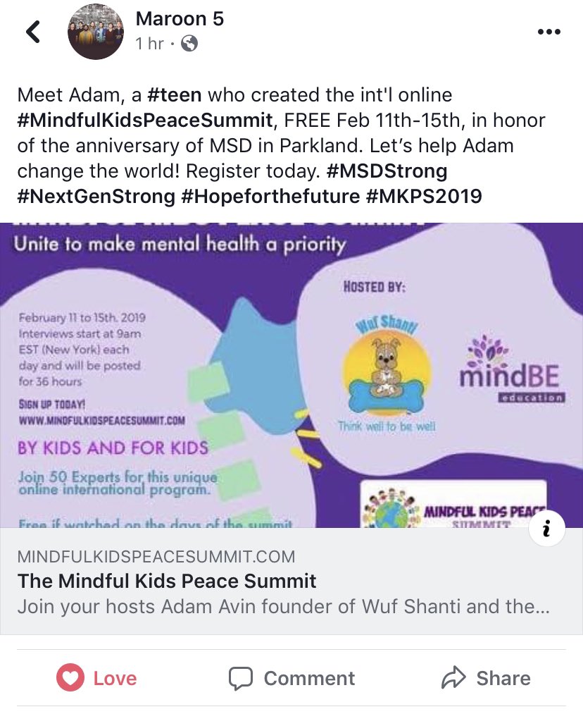 CYEMathCoach's tweet photo. How amazing is this!!! My sonโs friend is making changes and Maroon 5 even posted about it!! @wufshanti
#MindfulKidsPeaceSummit, #MSDStrong #NextGenStrong #Hopeforthefuture #MKPS2019 https://t.co/MCrisPzAQa