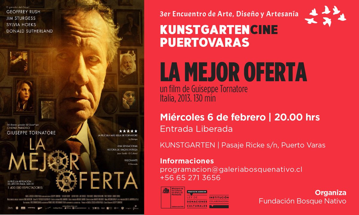" LA MEJOR OFERTA" Para los que amamos el arte y el amor y conocemos sus suavidades y triquiñuelas, esta película de Tornatore es un estímulo a la vida. El autor, además de continuar la construcción de personajes solitarios, nos mantiene en vilo, nos entretiene, nos hace viajar.