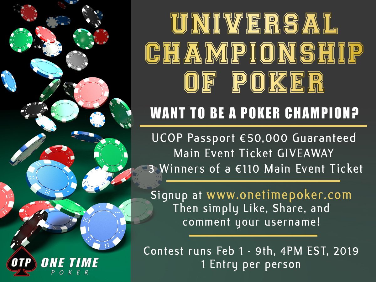 No pierdas la OPORTUNIDAD de jugar este DOMINGO el UCOP Passport Main Event... GRATIS! 
1. Me Gusta 
2. Retweetea y Comparte!
3. Regístrate en onetimepoker.com  y deja un comentario con tu usuario, ASI DE FÄCIL!
#onetimepoker