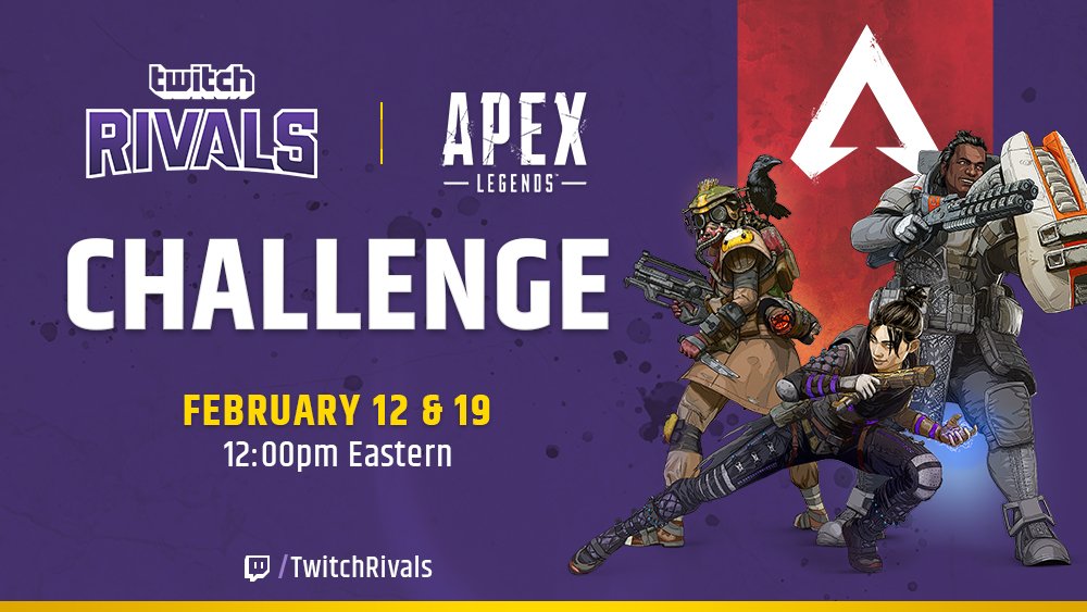 TwitchEsports's tweet photo. Whose squad runs Kings Canyon? Find out during the #TwitchRivals Apex Legends Challenge! 

Drop in for two $100,000 Challenges on Tuesday Feb. 12th &amp; 19th at 12PM EST at https://t.co/xea83i1yVm

Learn more: https://t.co/EHhmQUm8tF https://t.co/fpISnyy5sg