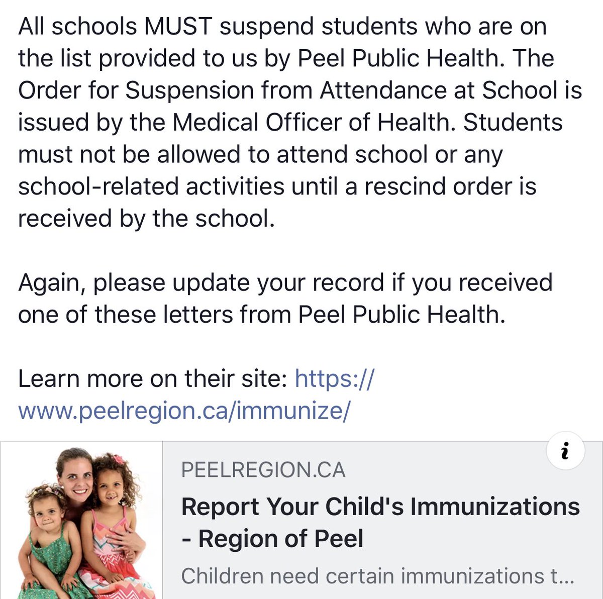 IMPT: Every year, Peel Public Health screens students’ immunization records and sends reminders to families whose records aren’t updated. 

Students without updated records will be suspended. 

PLEASE READ the info below and visit peelregion.ca/immunize to learn more.