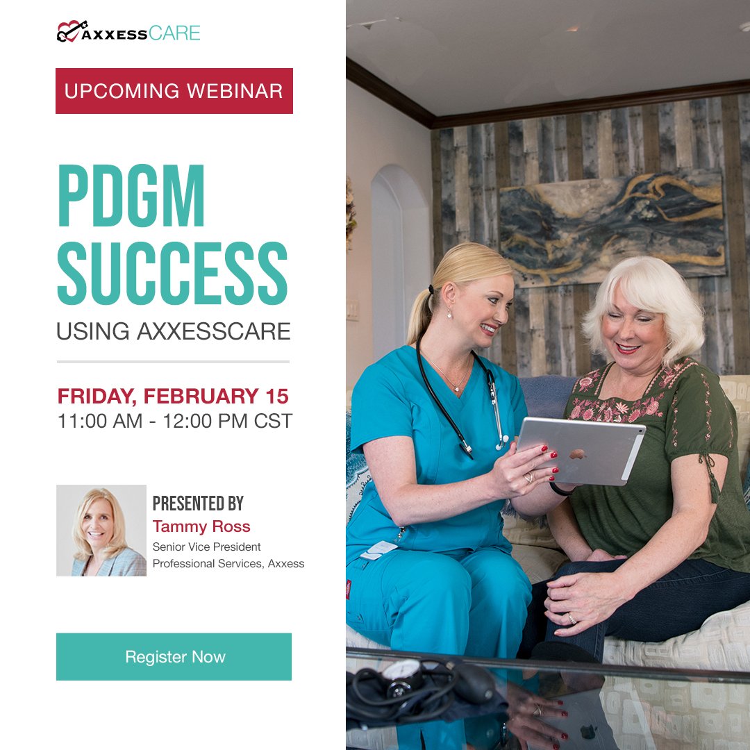 Axxess's tweet photo. Tap into Axxess’ tools to help you prepare for #PDGM. Join our SVP of Professional Services, Tammy Ross, to learn how #AxxessCARE can streamline your operations ahead of PDGM. Register here https://t.co/aDQJr8Ia1Z #homehealthcare #staffing https://t.co/K5lqe9mukq