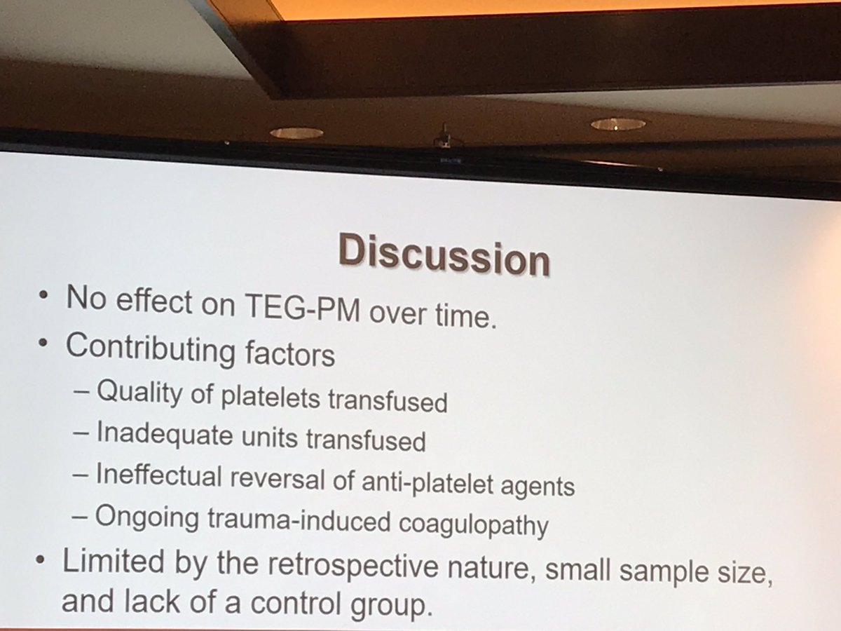 And...another great talk from <a href="/IU_Surgery/">Indiana Surgery -Indiana Univ School of Medicine</a>! <a href="/IUHealthTrauma/">IU Health Trauma</a> Trauma surgeon <a href="/rdrod617/">Rachel Rodriguez</a> Platelet transfusion doesn’t do what we think it will do...doesn’t reverse platelet inhibition on TEG-PM. #ASC2019 <a href="/AcademicSurgery/">Assoc4AcademicSurgery</a> <a href="/UnivSurg/">Society of University Surgeons (SUS)</a>