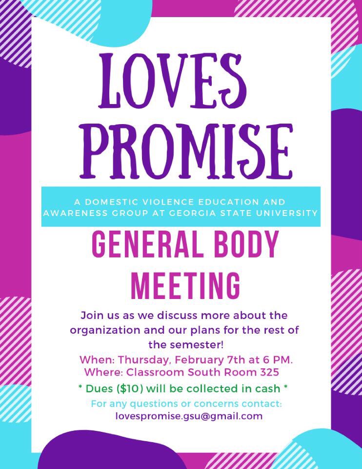 Come out to see us tomorrow night for our general body meeting in Classroom South 325 @ 6pm! Learn more about the organization & all the events we have planned!

#gsu #statenotsouthern #gsu22 #gsu21 #gsu20 #gsu19 #domesticviolenceawareness #domesticviolence #enddomesticviolence