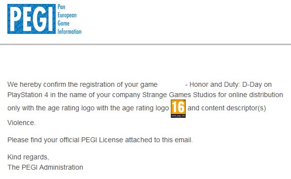 StrangeGamesStd's tweet photo. We received our PEGI rating today and we're now prepping Honor and Duty: D-Day for final QA! Dealing with the first 2 rounds of QA took time away from the next beta round so hopefully we'll be back on that full time now. #PS4 #PSVR #IndieGameDev https://t.co/AhTyIDKUAn