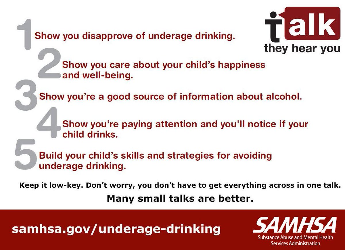 Parents: Check out these 5 conversation goals to help start the conversation with your kids about the dangers of #UnderageDrinking: samhsa.gov/underage-drink…