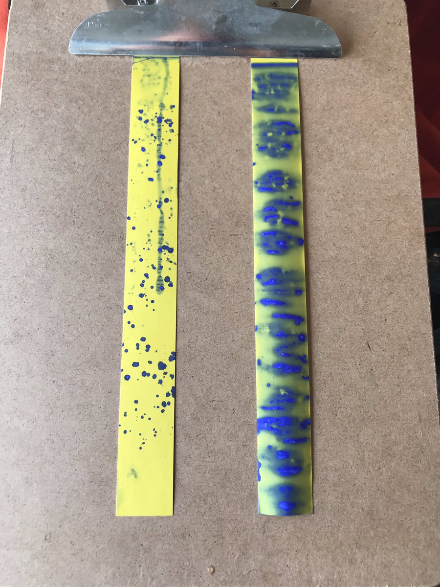 <a href="/HelenaSpecialty/">Helena Specialty</a> Water sensitive paper covered with wax paper to simulate a leave surface.... #DyneAmic on right untreated on left (blue indicates leaf penetration) - this is why we use surfactants and this is why #DyneAmic is so good!