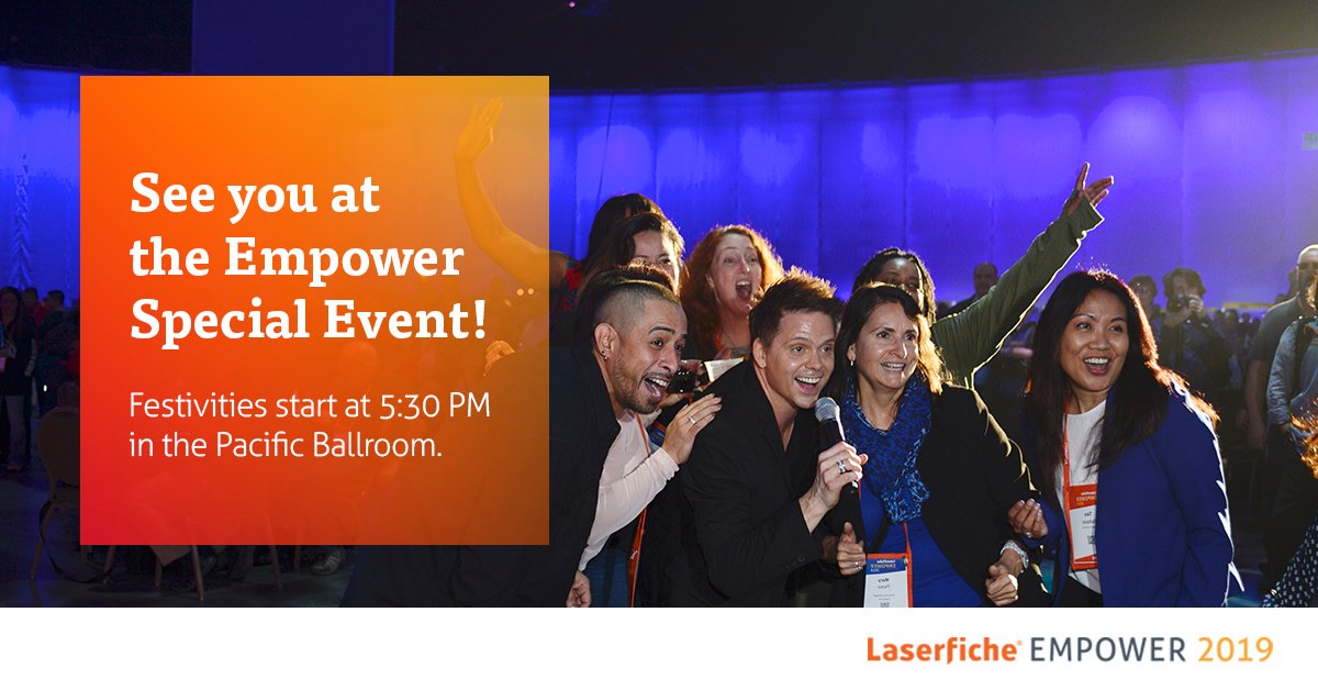 laserfiche's tweet photo. We've got an exciting entertainment line-up for  Empower After Hours! Who's coming to the special event? 🎉✌️😎 #LFEmpower https://t.co/K9Nmw2y5sS
