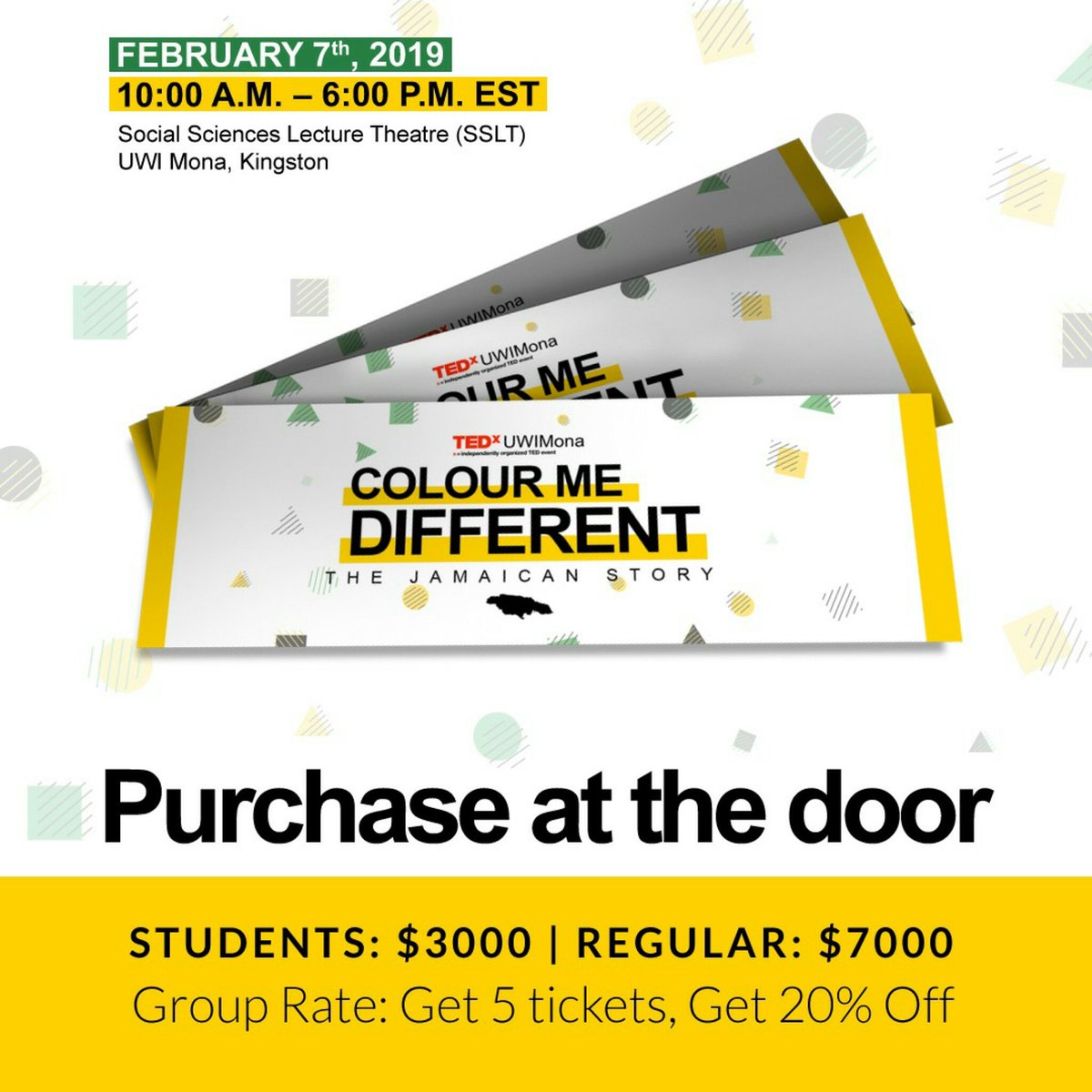 TEDxUWIMona's tweet photo. πΈπͺπΆββIt's not too late, you can pay at the gate! πΆββπͺπΈ
π―π² TOMORROW is the grand day -TEDXUWIMona π―π²
π€ππ 'Wi likkle but wi tallawah' π€ππ
#TEDxUWIMona
#ColourMeDifferent
#TheJamaicanStory
#13Speakers
#07Feb2K19 https://t.co/f0flDDum6G