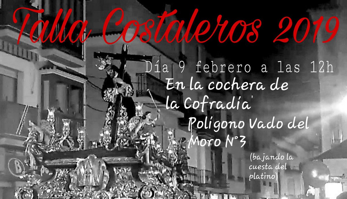 TALLA COSTALEROS 2019
El próximo sábado a las 12h nuestra cuadrilla de costaler@s se preparan para nuestro miércoles Santo
Cualquier interesad@  puede acudir directamente ese día a la cochera de la cofradía o ponerse en contacto con el Capataz David Padillo en el 691137335