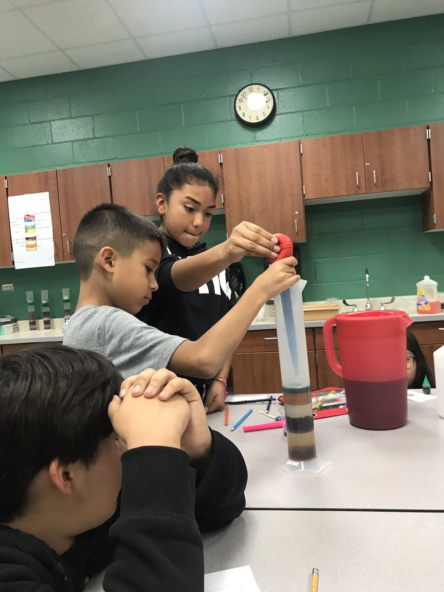 Nieman5sci's tweet photo. Students made density columns today! We used 9 different liquids and dropped various objects into our columns to see if they were denser than certain liquids. #LeopardsShine #CFISDSpirit @CFISDLieder https://t.co/zj0GvJv7yB