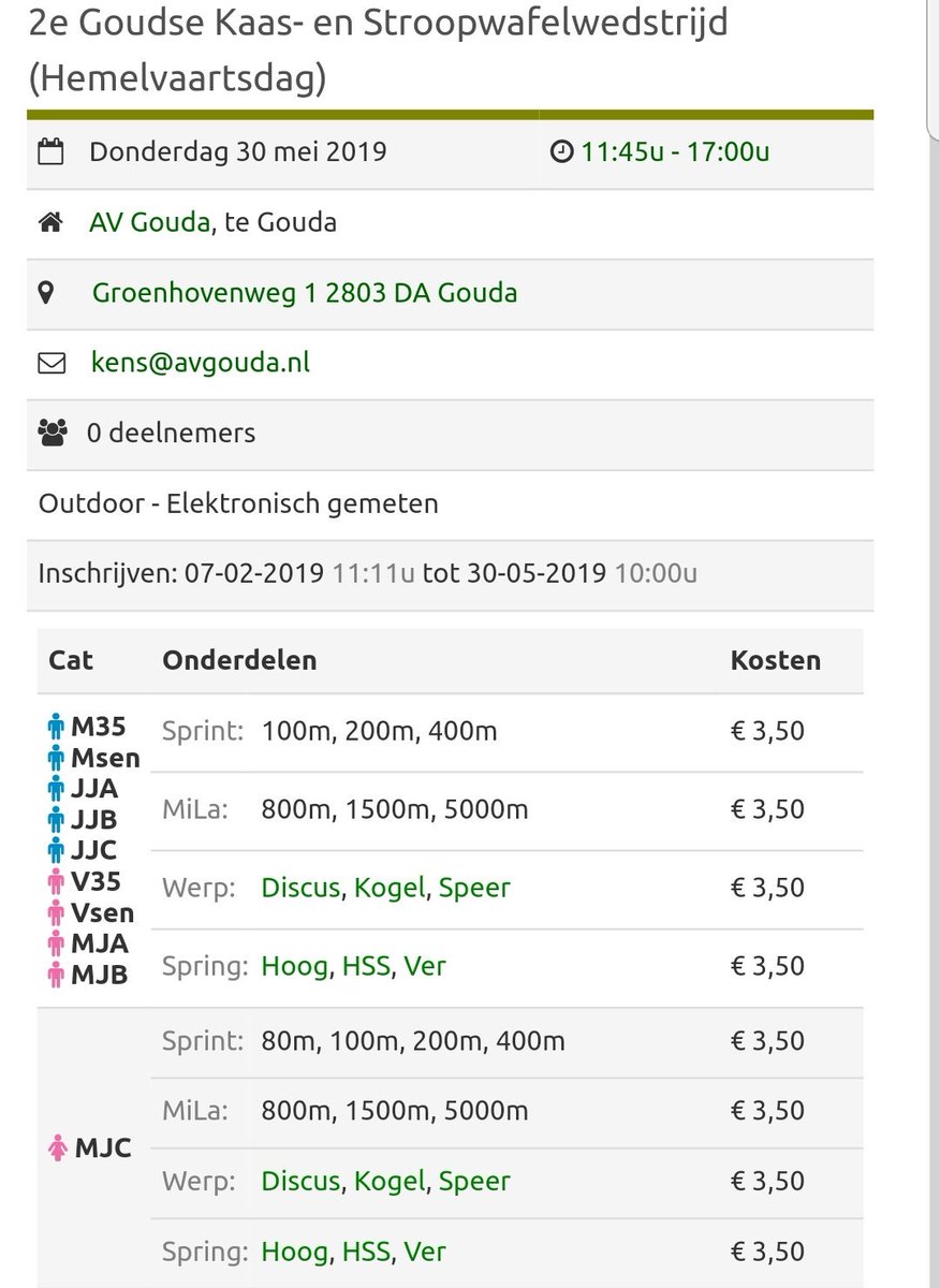 Voor de vroege vogels onder ons. 30 mei (hemelvaartsdag) is onze tweede wedstrijd <a href="/AVGouda/">AV Gouda</a> gepland. Inschrijven is mogelijk vanaf 7 februari. Check 👇 atletiek.nu/wedstrijd/main… ... op tijd zijn loont want VOL=VOL