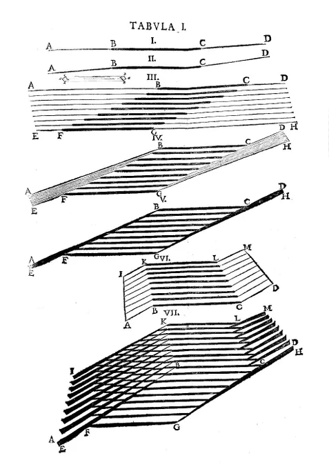 授業などで紹介している筋構造の概念図。筋の構造は、反対方向から伸びる腱の間に筋線維が挟まれた配列をしている。この概念、良く質問されるので難解らしい。添付は1669年にニコラウス・ステノが発表した筋の概念図。 