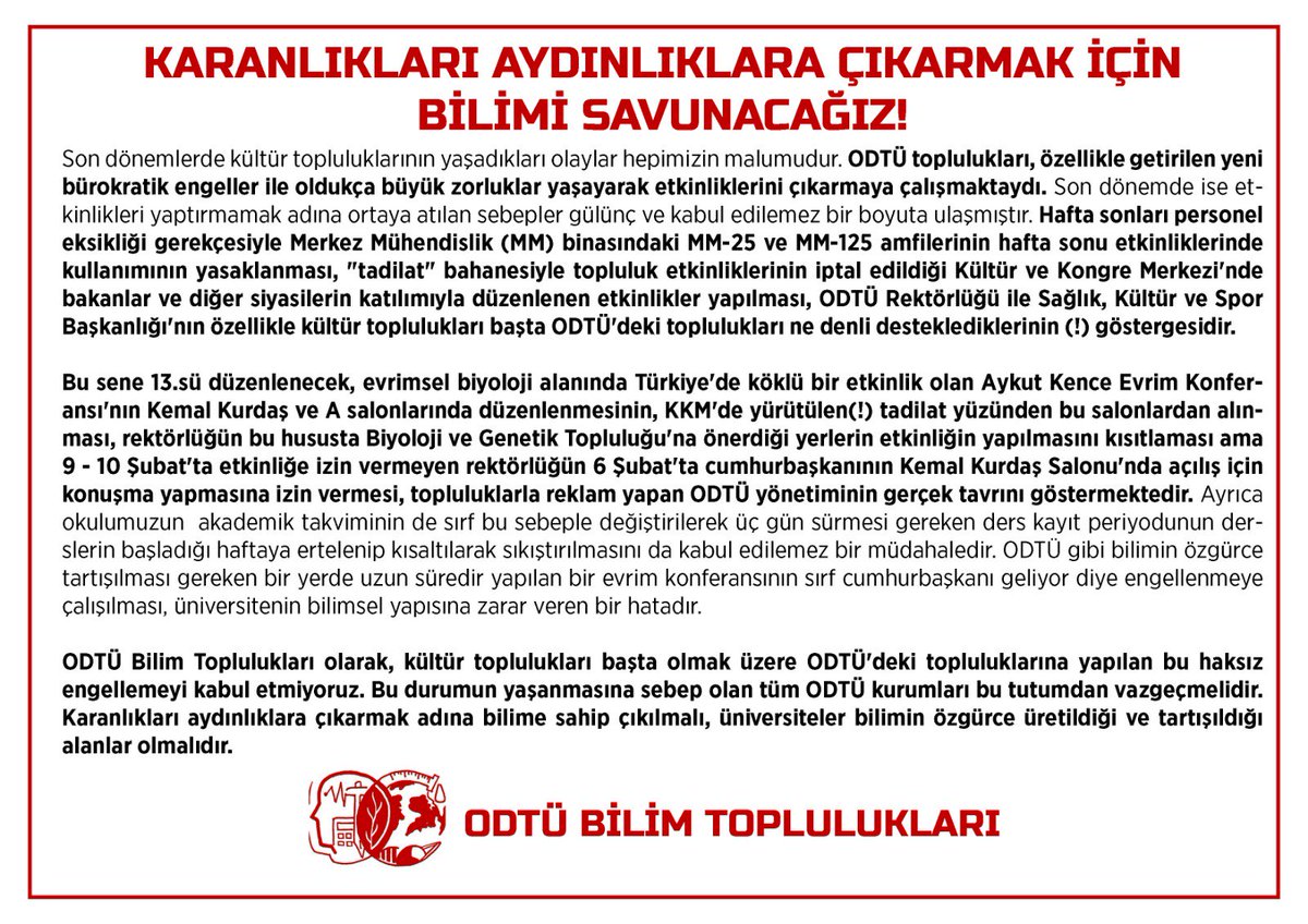 ODTÜ Bilim Toplulukları olarak okulumuzda yaşanan son olaylara dair bildirimizdir!