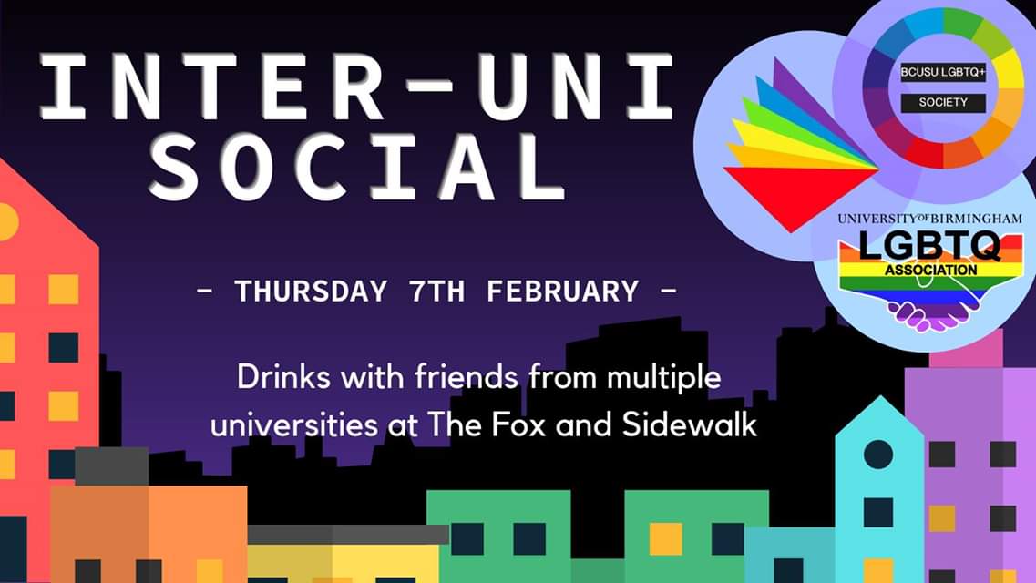And don't forget that tomorrow we're co-hosting an Inter-Uni Night Out with <a href="/BCUSU_LGBTQ/">BCUSU LGBTQ</a> and <a href="/LGBTAston/">Aston LGBT+</a> at <a href="/TheFoxBar/">foxbar.co.uk</a> and <a href="/SIDEWALK_BAR/">Sidewalk Birmingham</a> facebook.com/events/1355148…
📅🏳️‍🌈 #LGBTHM19