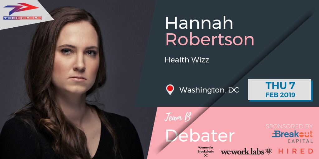 Tech Duels (@techduelshq) on Twitter photo Come network with Hannah Robertson from <a href="/health_wizz/">Health Wizz</a>, at the immersive #TechDuels #debate Feb. 7th. Come make connections and beef up your #blockchain #cryptocurrency smarts.
bit.ly/2sA8diY
#dctech #dcfemtech #womeninblockchain #Maryland #Virginia #WashingtonDC #DC Come network with Hannah Robertson from <a href="/health_wizz/">Health Wizz</a>, at the immersive #TechDuels #debate Feb. 7th. Come make connections and beef up your #blockchain #cryptocurrency smarts.
bit.ly/2sA8diY
#dctech #dcfemtech #womeninblockchain #Maryland #Virginia #WashingtonDC #DC