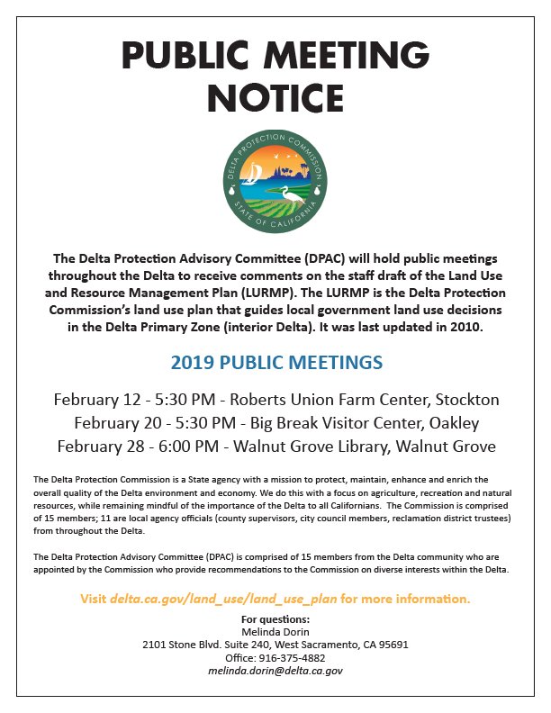 CA_DPC's tweet photo. The Delta Protection Advisory Committee will hold three meetings starting Feb 12, 20, and 28 to receive comments from the public on Commission staff’s update of the Delta Land Use and Resource Management Plan. More details: https://t.co/W6dlOc8oZ4 https://t.co/9hh3qrI3qN