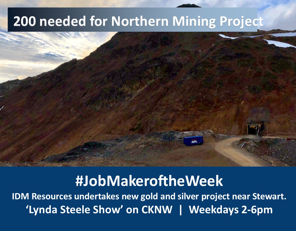 BCLMR's tweet photo. Thanks Lynda @steeletalk for a great #WorkingontheWestCoast segment! This week's #JobMakeroftheWeek is @IDMMining which has environmental assessments for a new gold and silver project near Stewart employing 200. https://t.co/jncxNonq8Q @CKNW @SaintCyrLMI @WorkBC @GTHiringBlog https://t.co/Z3OZBiuYvE