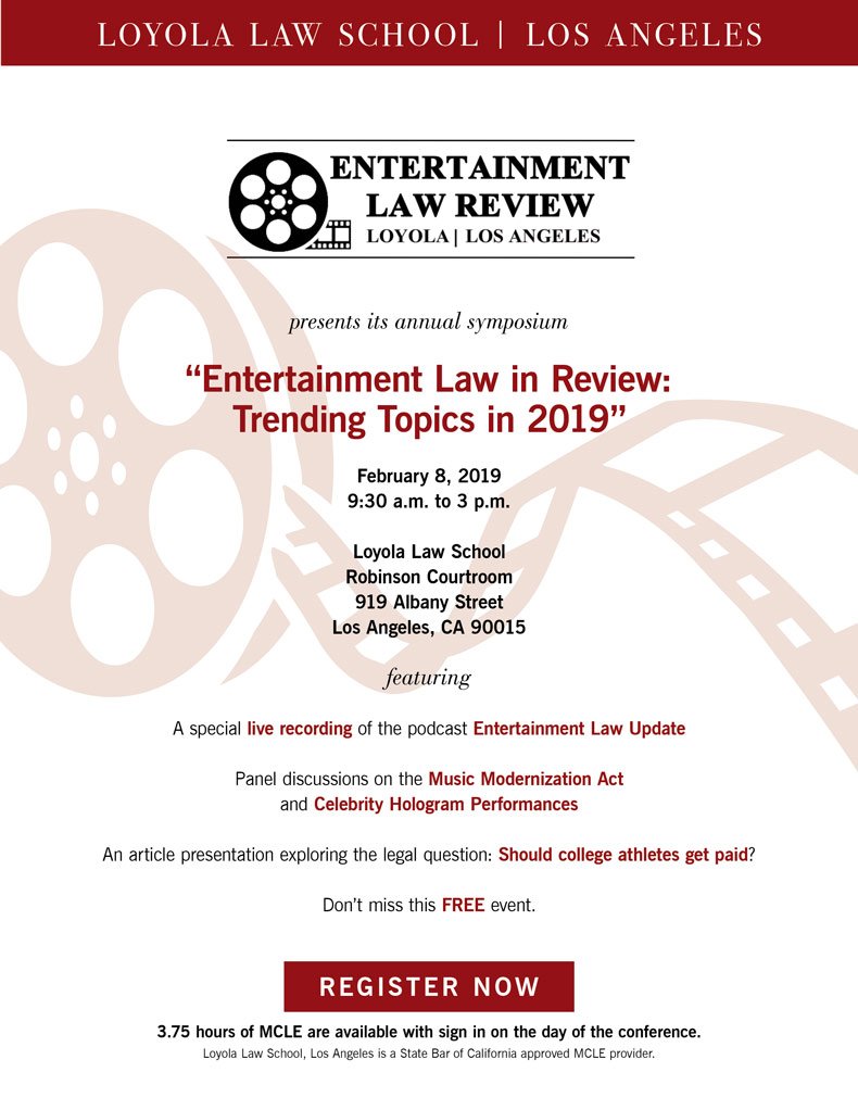 LoyolaLawSchool's tweet photo. What are the rights issues around celebrity hologram performances? Hear from Loyola's own @profrothman and other experts during this Friday's "Entertainment Law in Review: Trending Topics in 2019" symposium: https://t.co/pNWIUV6wD4 https://t.co/6Fp16hexjn