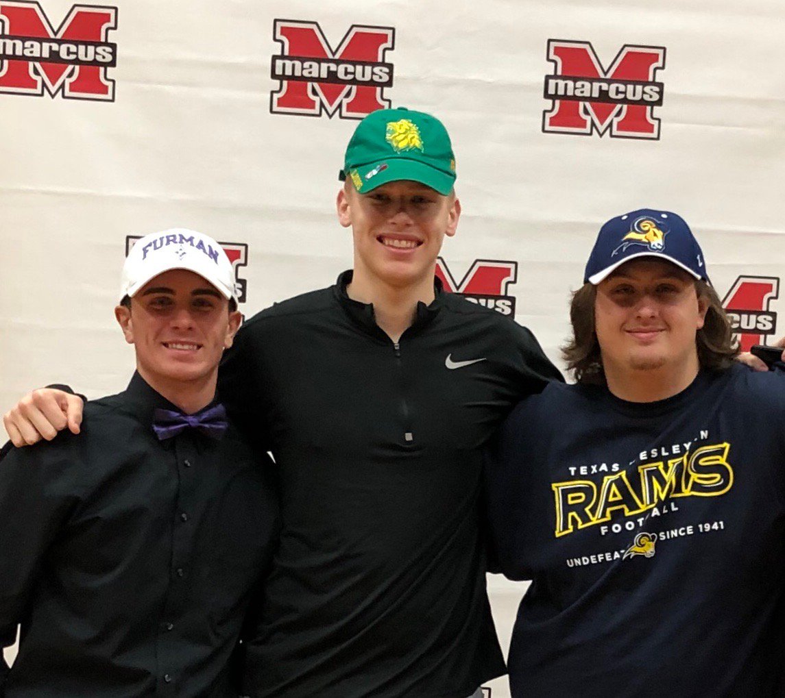 MarcusFootball's tweet photo. Huge congrats to @Mike_Bon64 @gussralla and @carter_bir on signing their #NLI today! These guys represented the M with pride and are Marauders for life! Can't wait to see them compete on Saturdays! https://t.co/28BQLEqknA