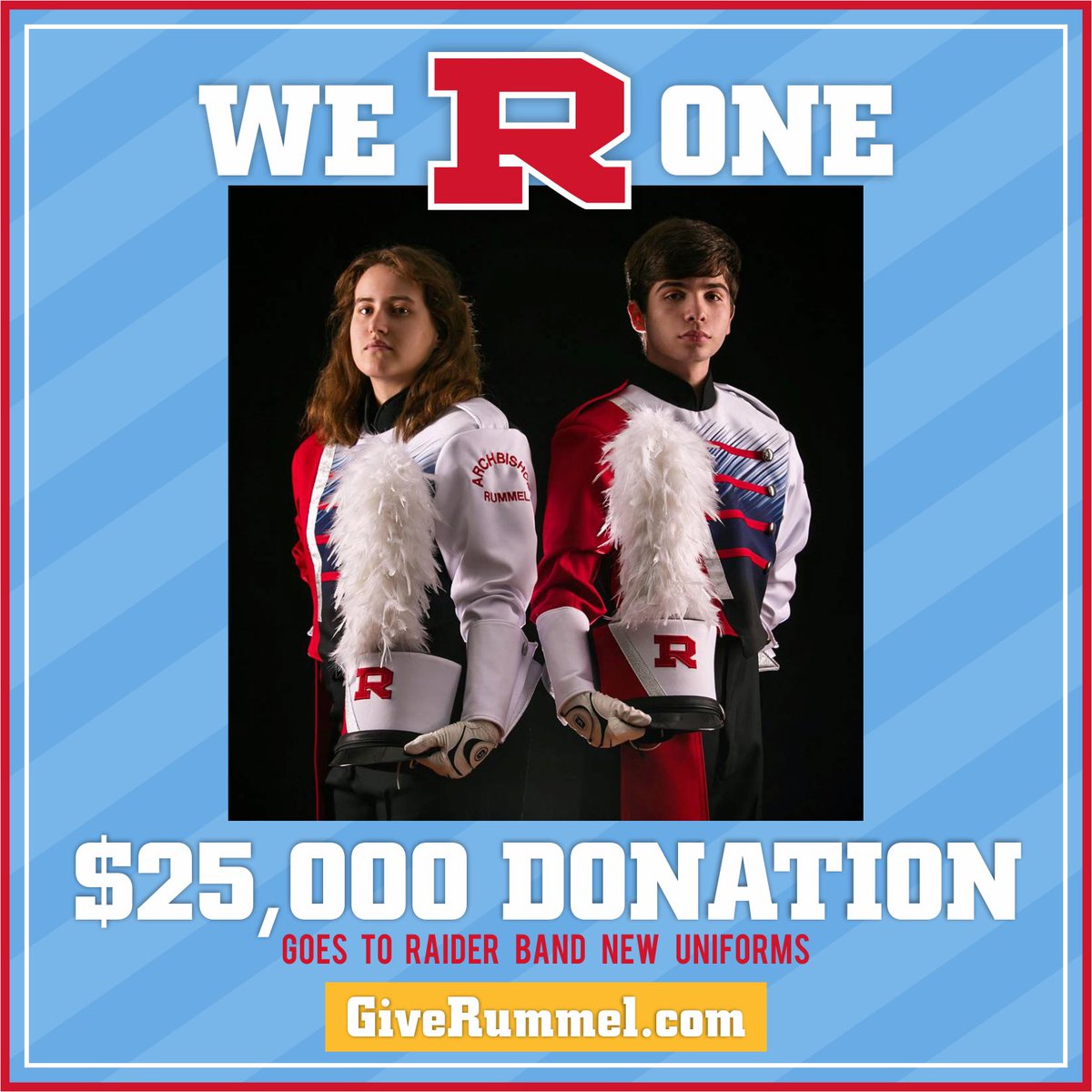 We are pleased to announce $25,000 has been generously donated to the Raider Band's goal for their new band uniforms! 

Several programs are currently close to reaching their goals &amp; we are thankful for all donations.

Visit GiveRummel.com and donate now. 

#WeROne