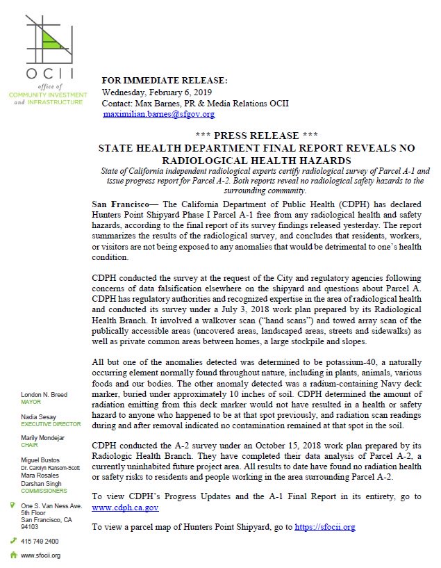 No radiological health hazards on the residential part of the Hunters Point Shipyard in SF, according to final report released today by the CA state health department. We first reported this back in Dec. Read City of SF's press release below. nbcbayarea.com/investigations…